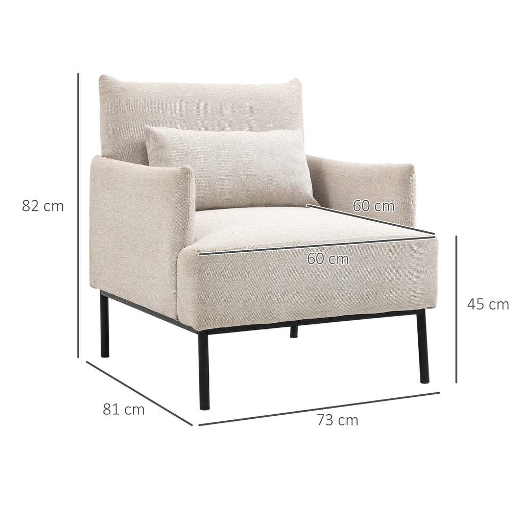 Homcom Modern Furnishing Armchair With Extra Cushion, In Line Effect and Steel Fabric, 73x81x82 cm, Cream White - Borgè