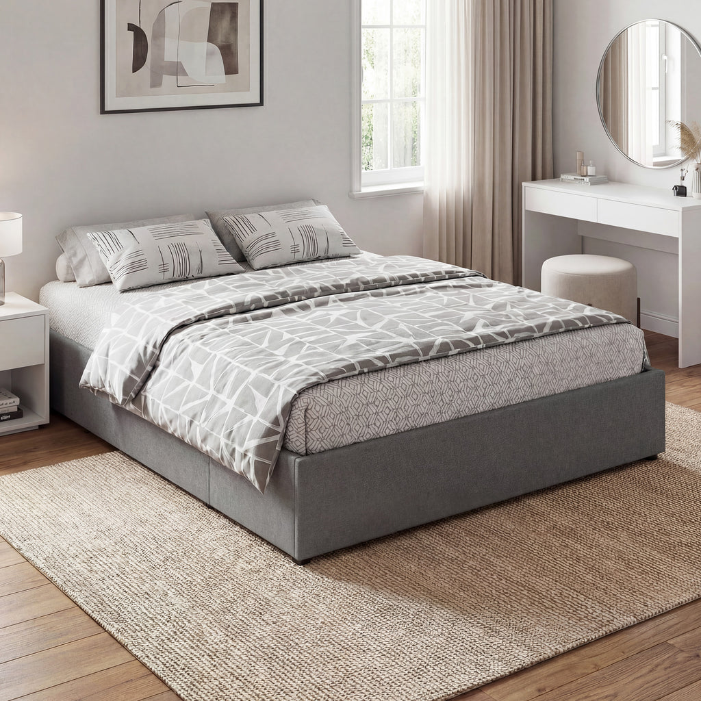 Double Bed Frame with Slats and 3 Drawers, in Wood, Polyester and Metal, 165x193x30 cm, Grey