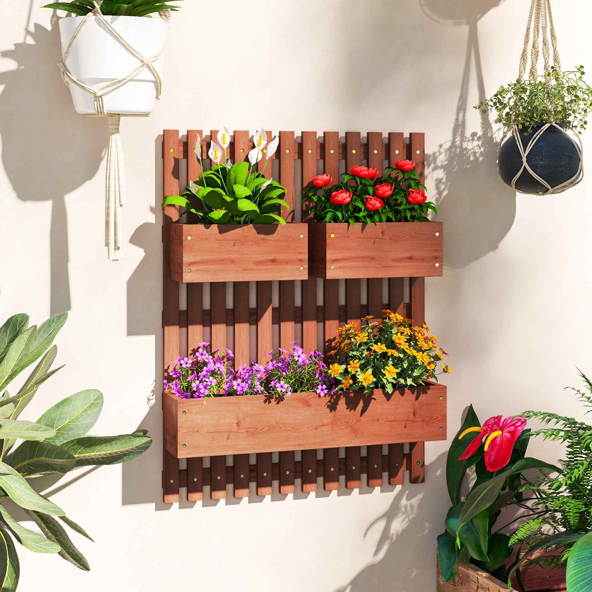Outsunny Vertical Slatted Planter with 3 Removable Pots, in Fir Wood, 60x16x80 cm, Brown