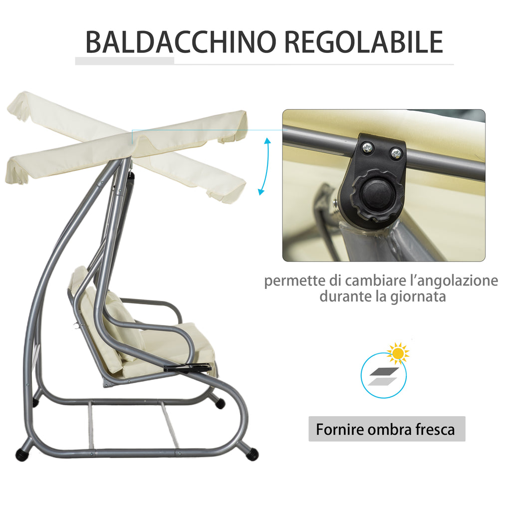 Outsunny 3-Seater Swing Garden Bed with Adjustable Roof and 2 Cup Holders, 200x120x164 cm, Cream - Borgè