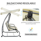 Outsunny 3-Seater Swing Garden Bed with Adjustable Roof and 2 Cup Holders, 200x120x164 cm, Cream - Borgè