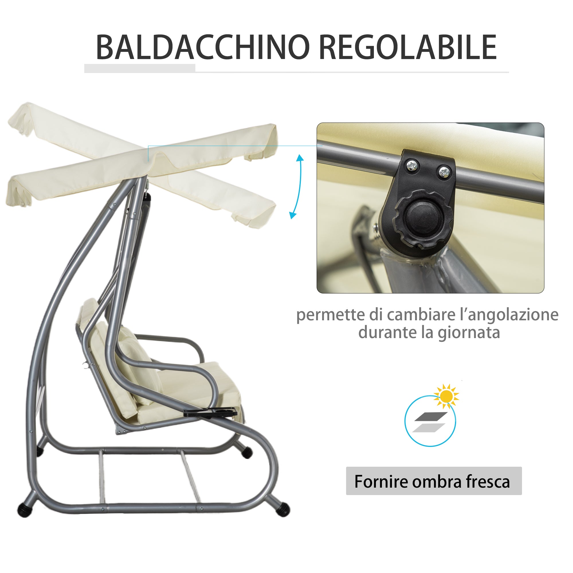 Outsunny 3-Seater Swing Garden Bed with Adjustable Roof and 2 Cup Holders, 200x120x164 cm, Cream - Borgè