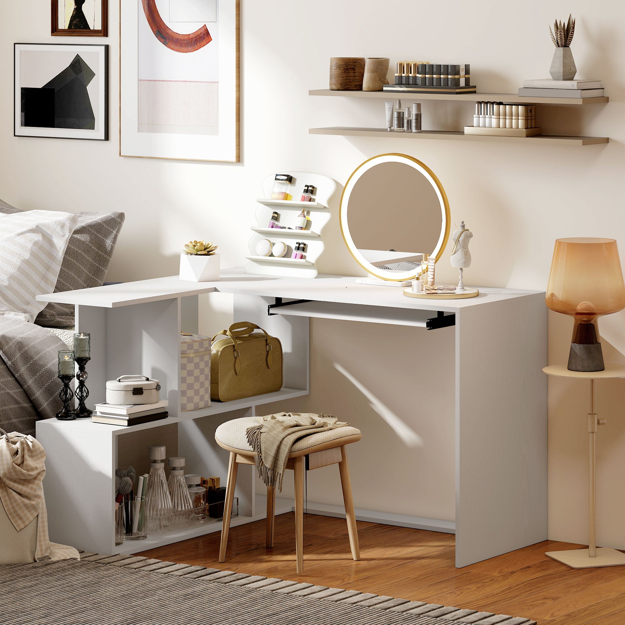 Modern Corner Desk with Sliding Keyboard Tray and 4-Tier Bookshelf, White