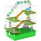 5-Tier Hamster Cage with Tubes, House, Tank and Wheel, Made of Steel, PP and PS, 59x36x69 cm, Green and White