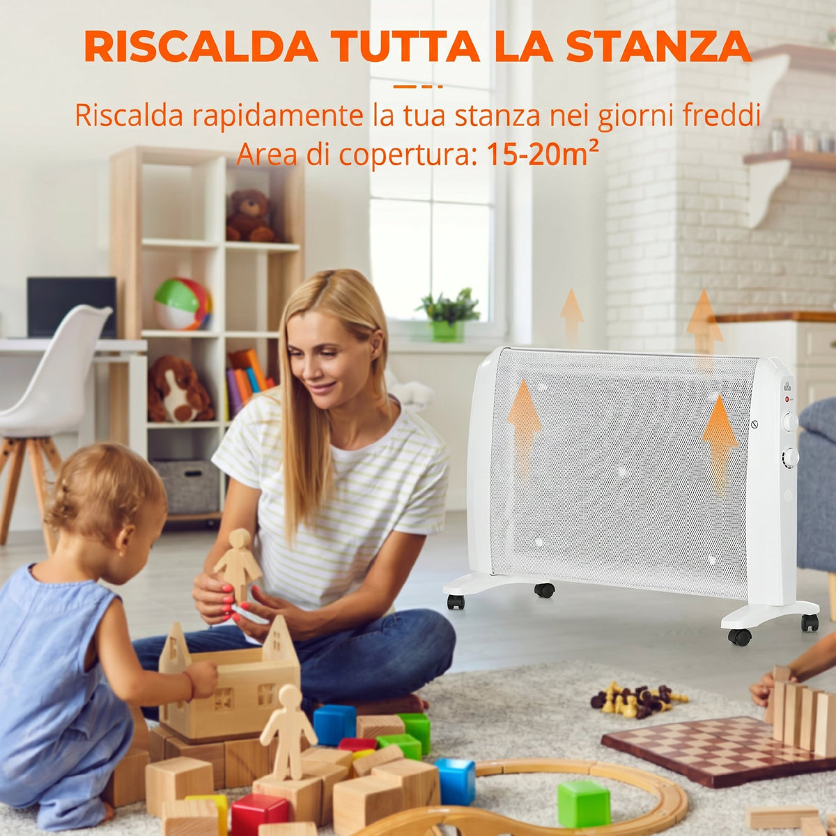 HOMCOM 1000W/2000W Electric Mica Heater with Adjustable Thermostat, 4 Wheels, 15-20 m², White
