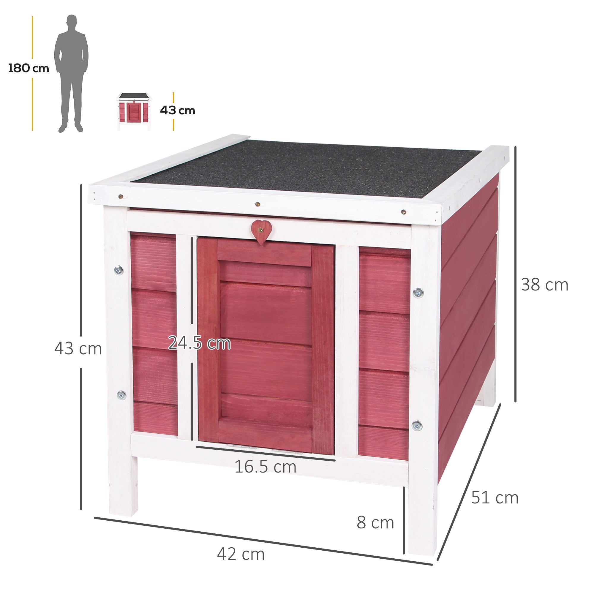 PawHut Wooden Rabbit Hutch with Opening Asphalt Roof, Non-Slip Ramp, 51x42x43 cm, Red