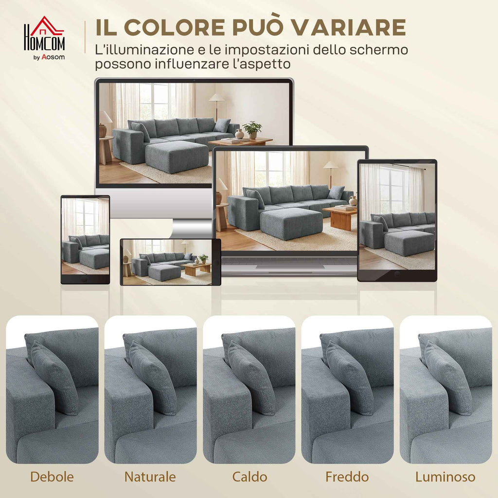 Modular Corner Sofa in Velvet Fabric with Cushions, 294x165x70 cm, Dark Grey