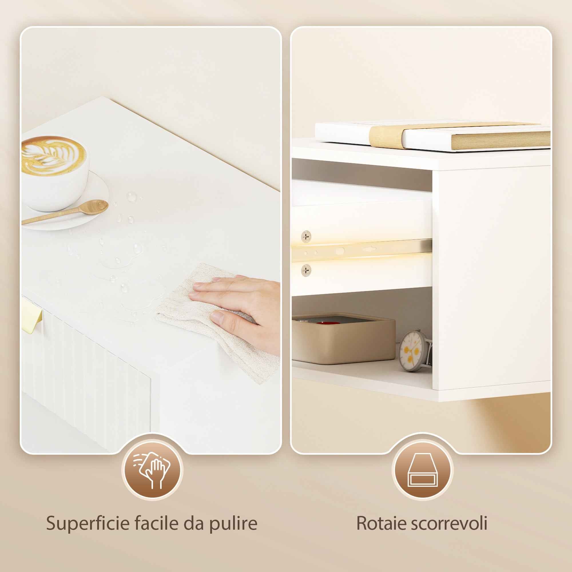 HOMCOM Set of 2 Floating Nightstands with Decorated Drawer and Open Shelf, White