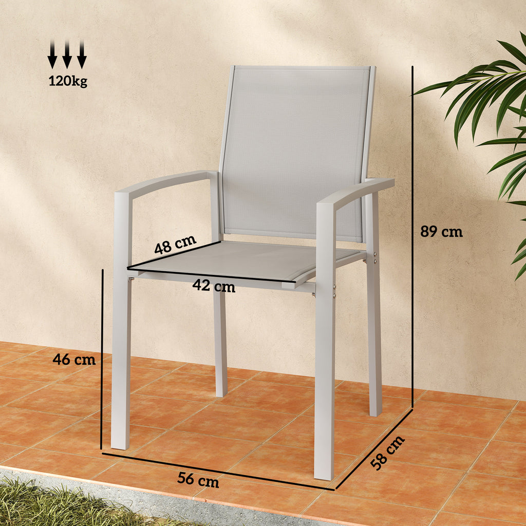 Set of 2 Stackable Garden Chairs with Breathable Seat, in Steel and Textilene, 56x58x89 cm, Light Gray