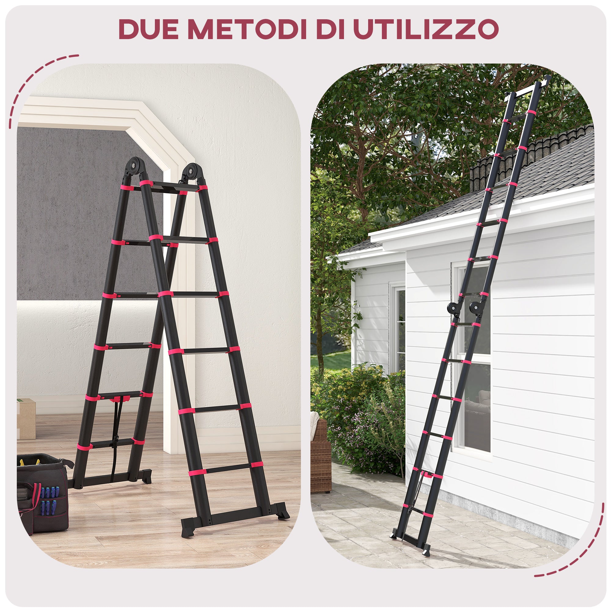 12-Step Folding Telescopic Ladder, Aluminum and Nylon, 379 x 67.5 x 11 cm, Black and Red