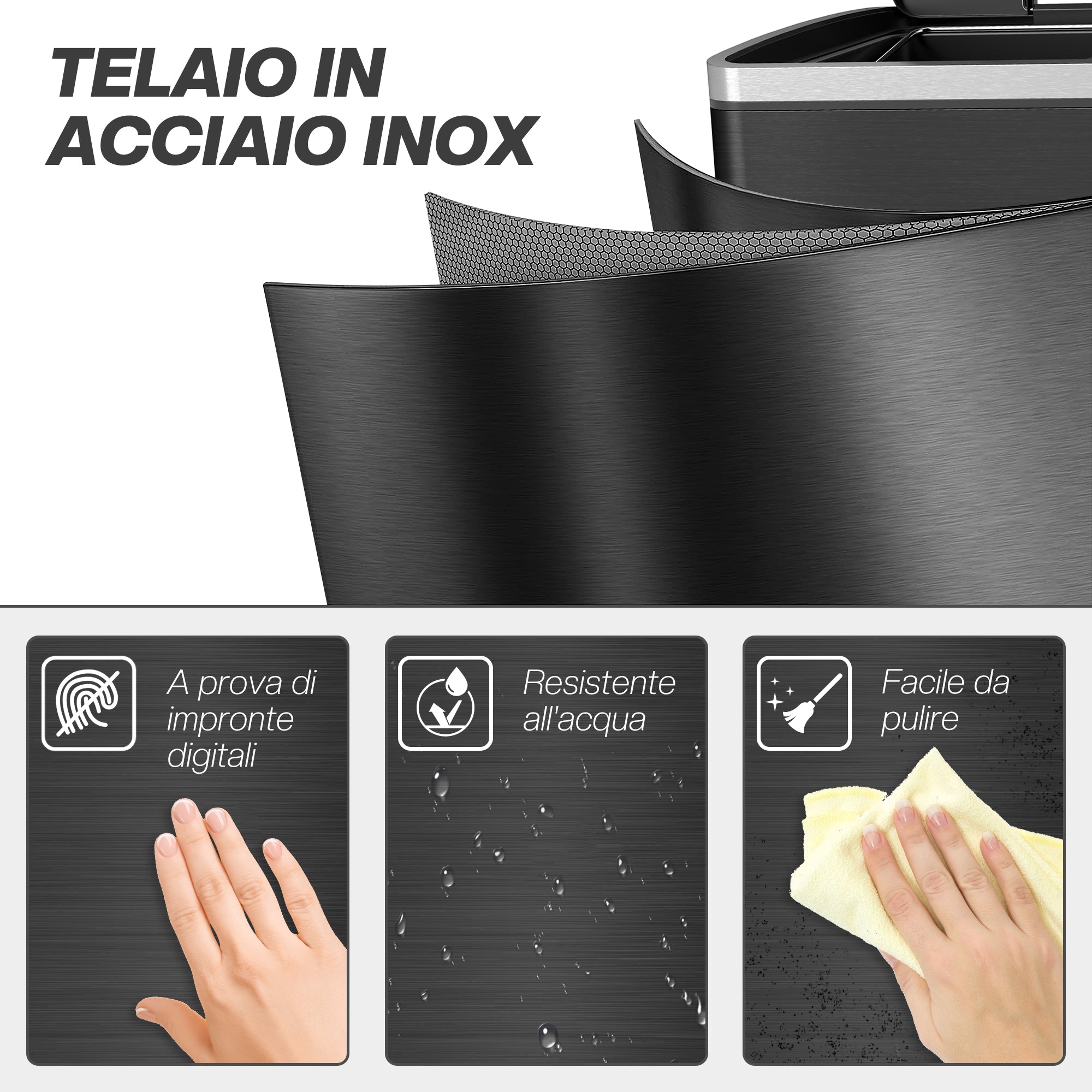 20L 2-Section Garbage Can with Silent Lid, Stainless Steel and PP, 40x34.8x59 cm, Black