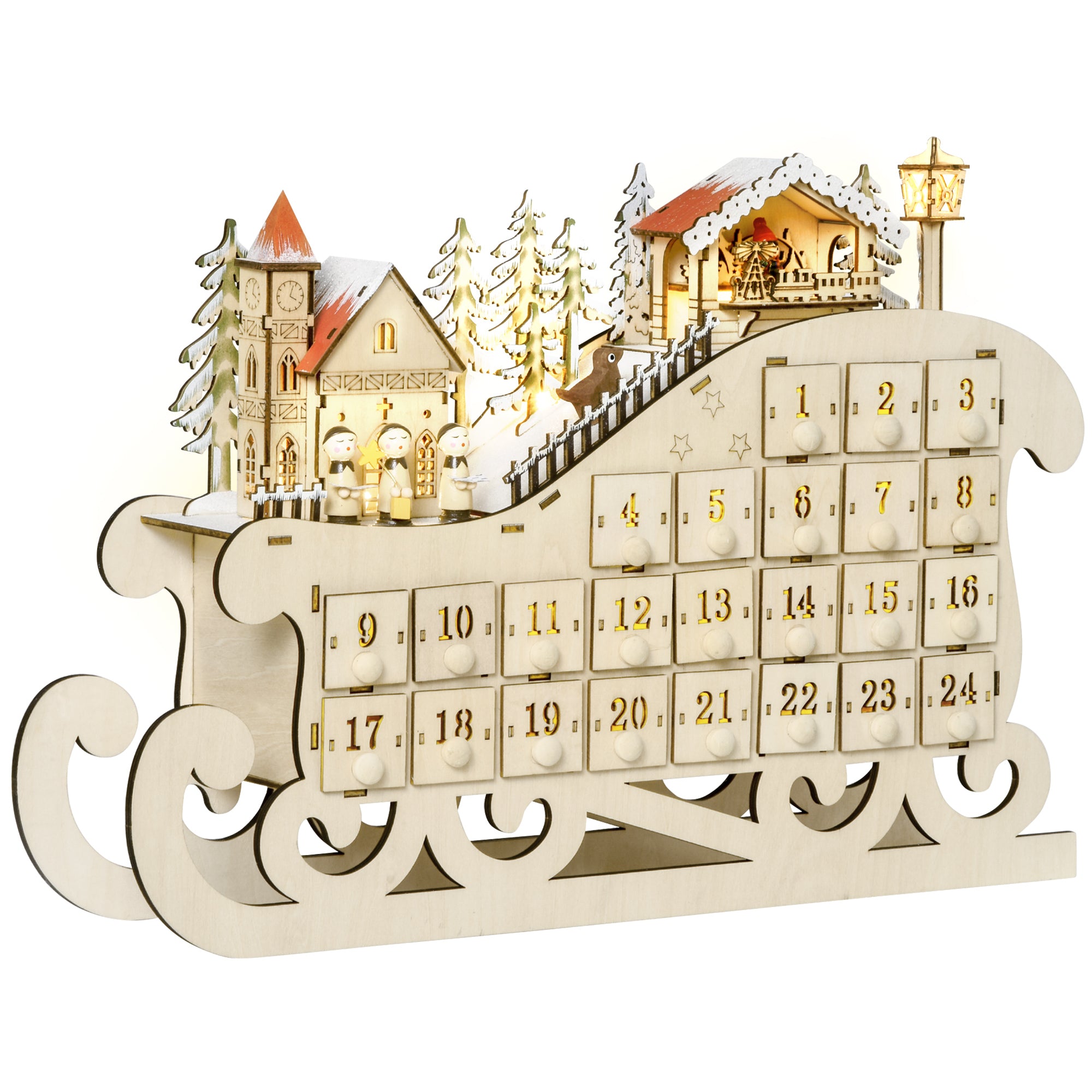 Wooden Sleigh Advent Calendar with 24 Fillable Drawers, Decorations and LED Lights, 45x10x31cm