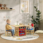 Children's Table and Chair Set 3-7 Years with 2 Chairs and Table with 4 Containers, in Wood and PP, Wood Color