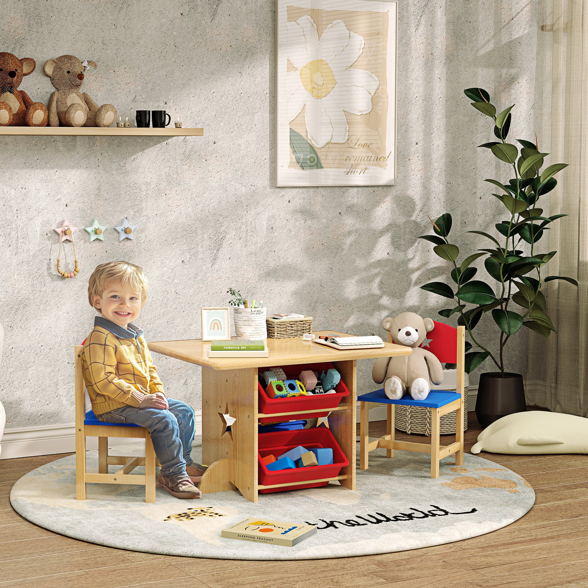 Children's Table and Chair Set 3-7 Years with 2 Chairs and Table with 4 Containers, in Wood and PP, Wood Color