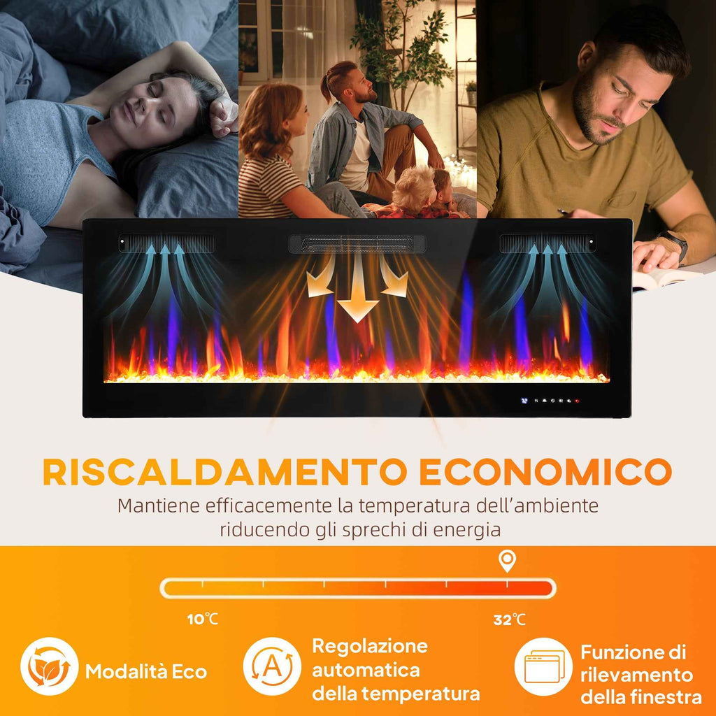 HOMCOM Built-in or Wall-Mounted Electric Fireplace with Adjustable Temperature, Steel and Glass, 127x9.4x47 cm, Black