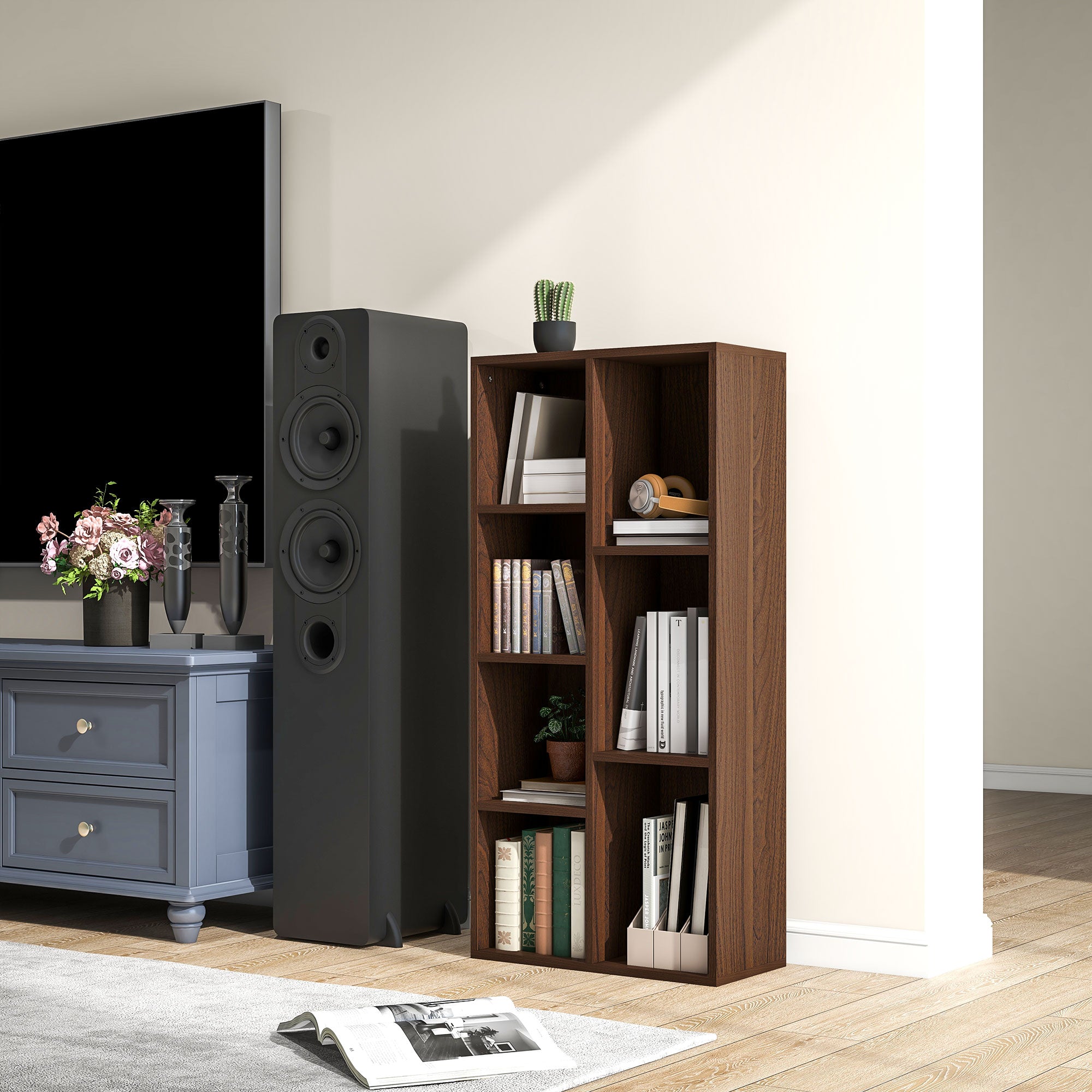 Wooden Cube Bookcase with 7 Shelves of Different Sizes, 50x24x106 cm, Walnut Color