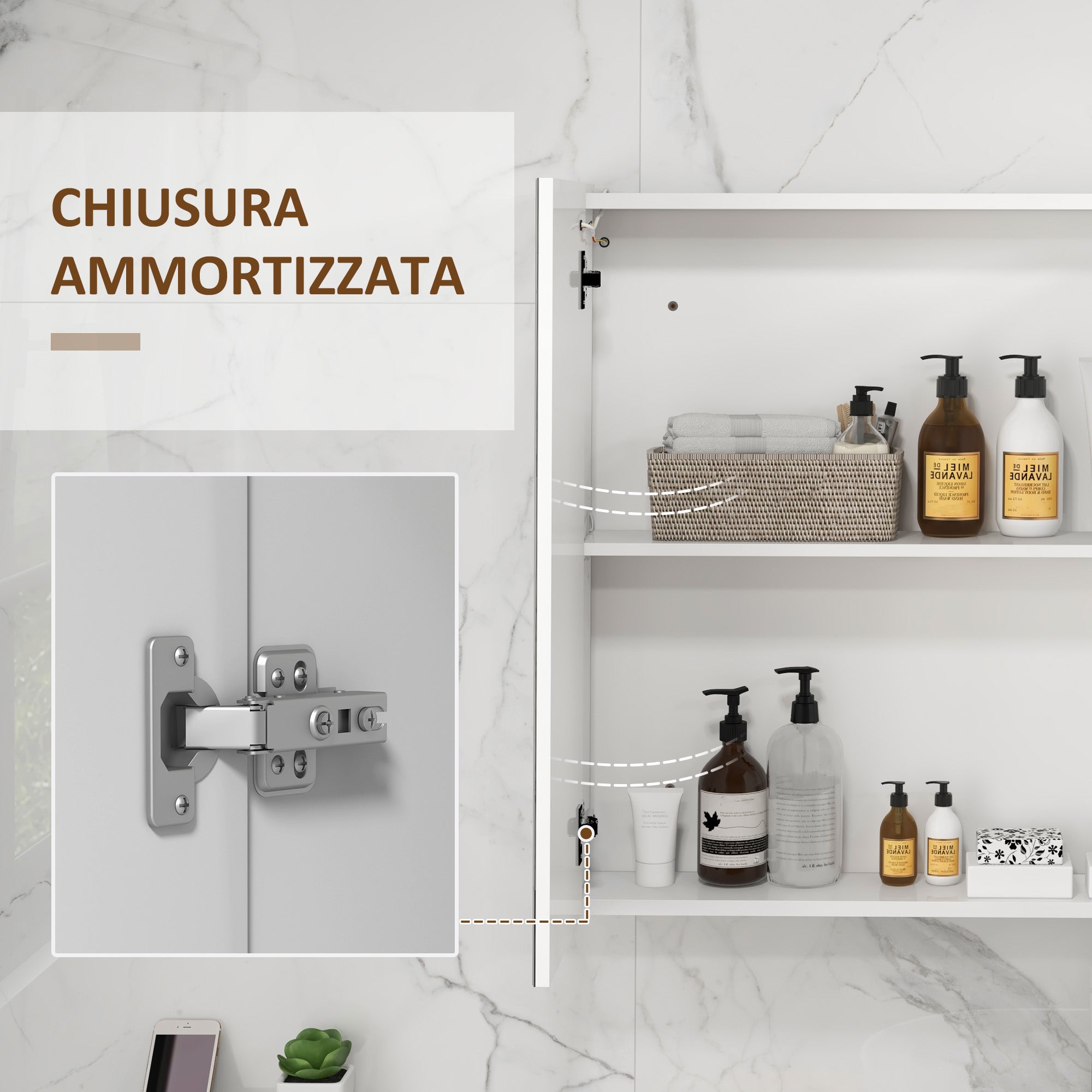 Kleankin Condition with mirror with adjustable shelves and 3 -colored LED lights, in MDF and glass, 90x15x70 cm, white - Borgè