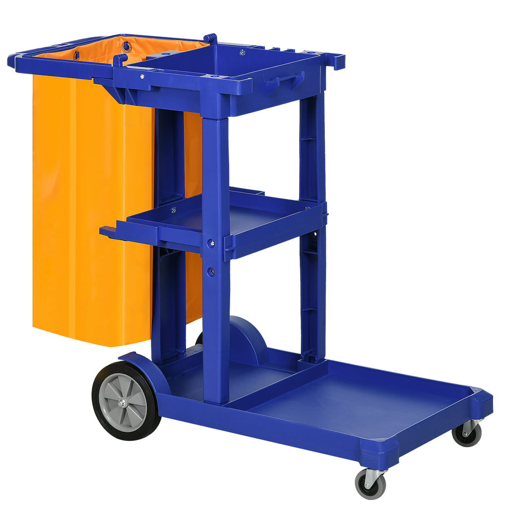 3-Tier Cleaning Trolley with Hooks and 100L Bag, 121x50.5x96.5 cm, Blue Yellow and Grey