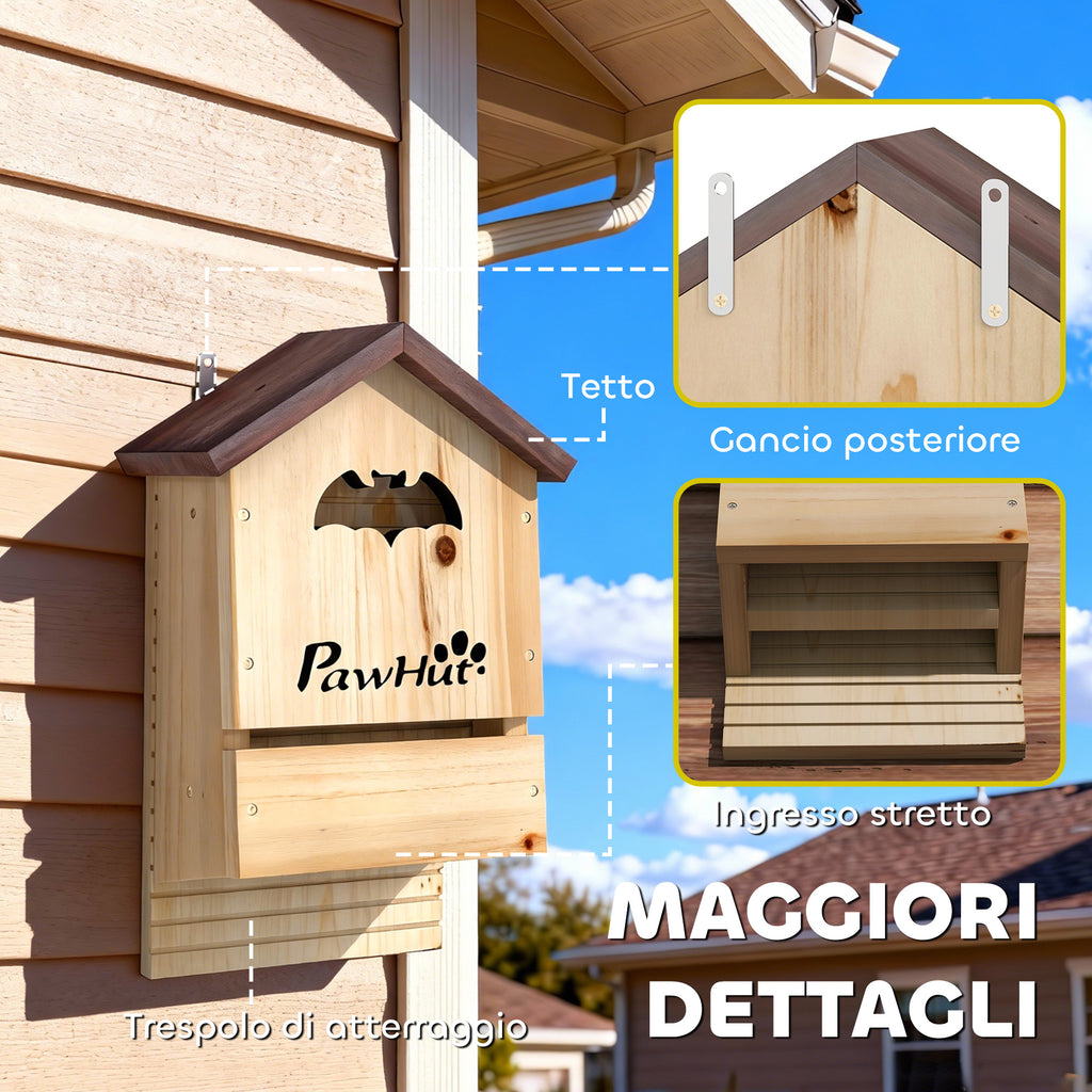 PawHut Set of 3 Fir Wood Bat Houses, 21.5x11.5x34 cm, Natural Wood