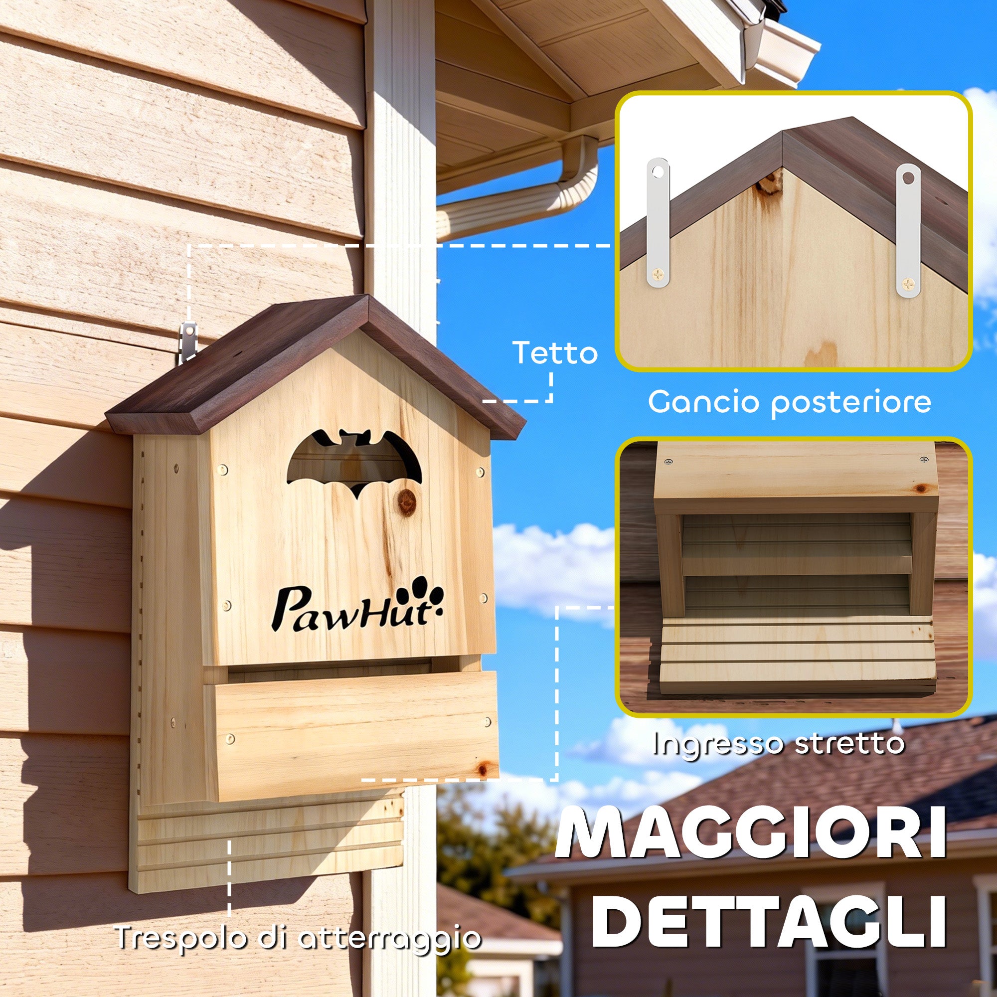 PawHut Set of 3 Fir Wood Bat Houses, 21.5x11.5x34 cm, Natural Wood