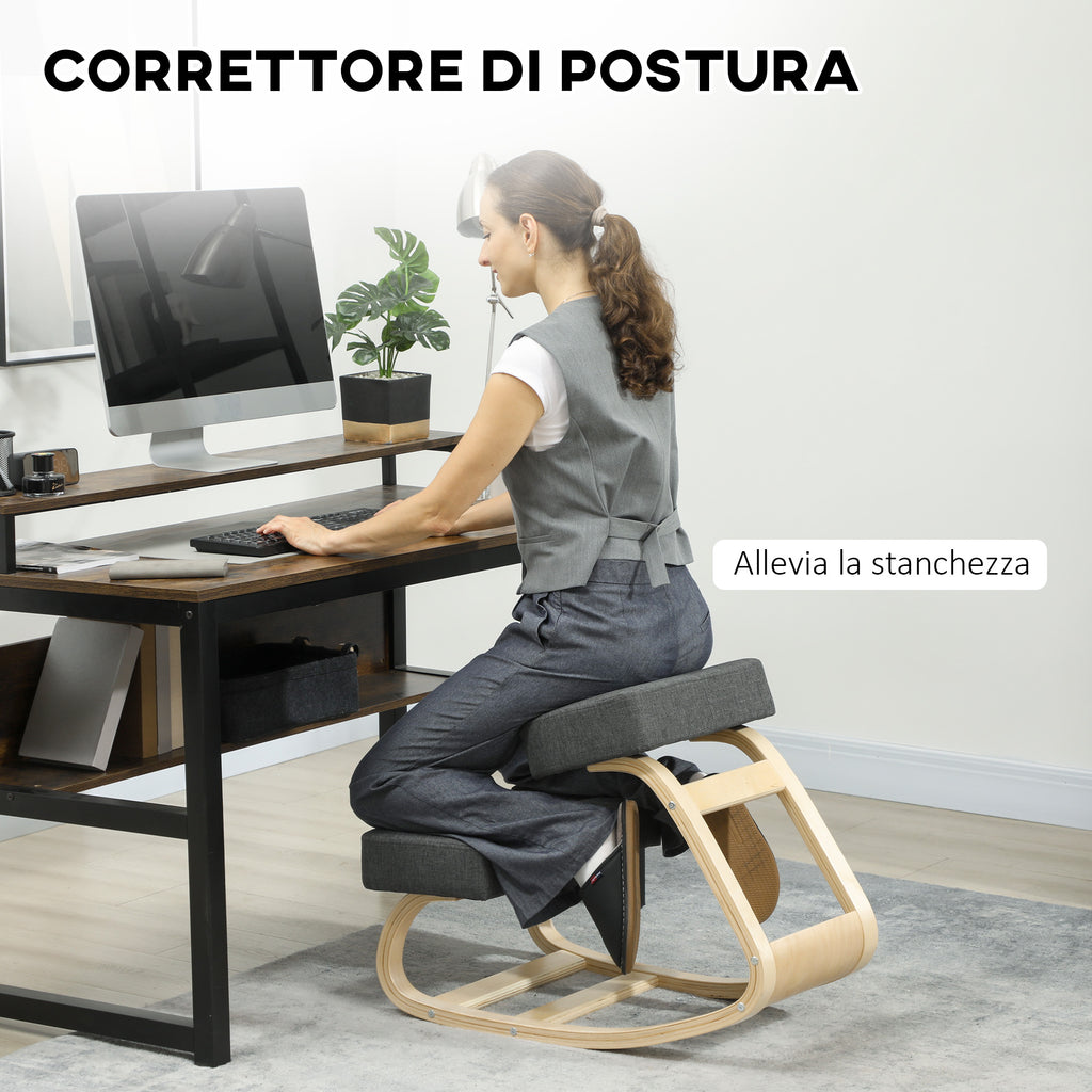 Ergonomic Kneeling Chair in Birch Wood and Cushion, 51x69x58 cm, Grey