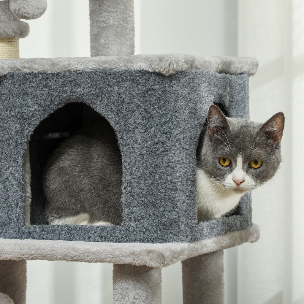 Multi-Level Cat Tree, 104 cm Tall, with House, Bed, Scratching Posts, Brush and Ball, Grey