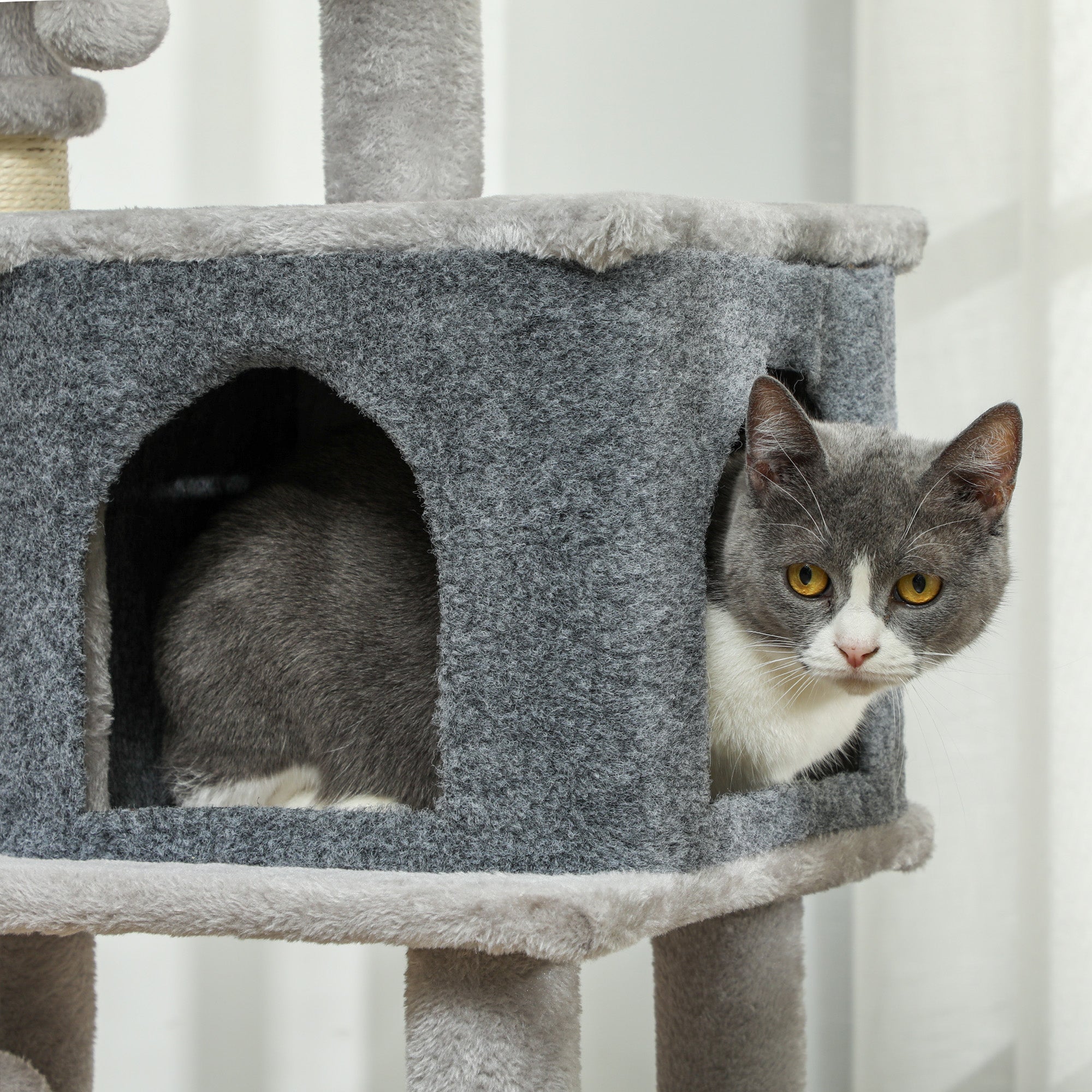 Multi-Level Cat Tree, 104 cm Tall, with House, Bed, Scratching Posts, Brush and Ball, Grey