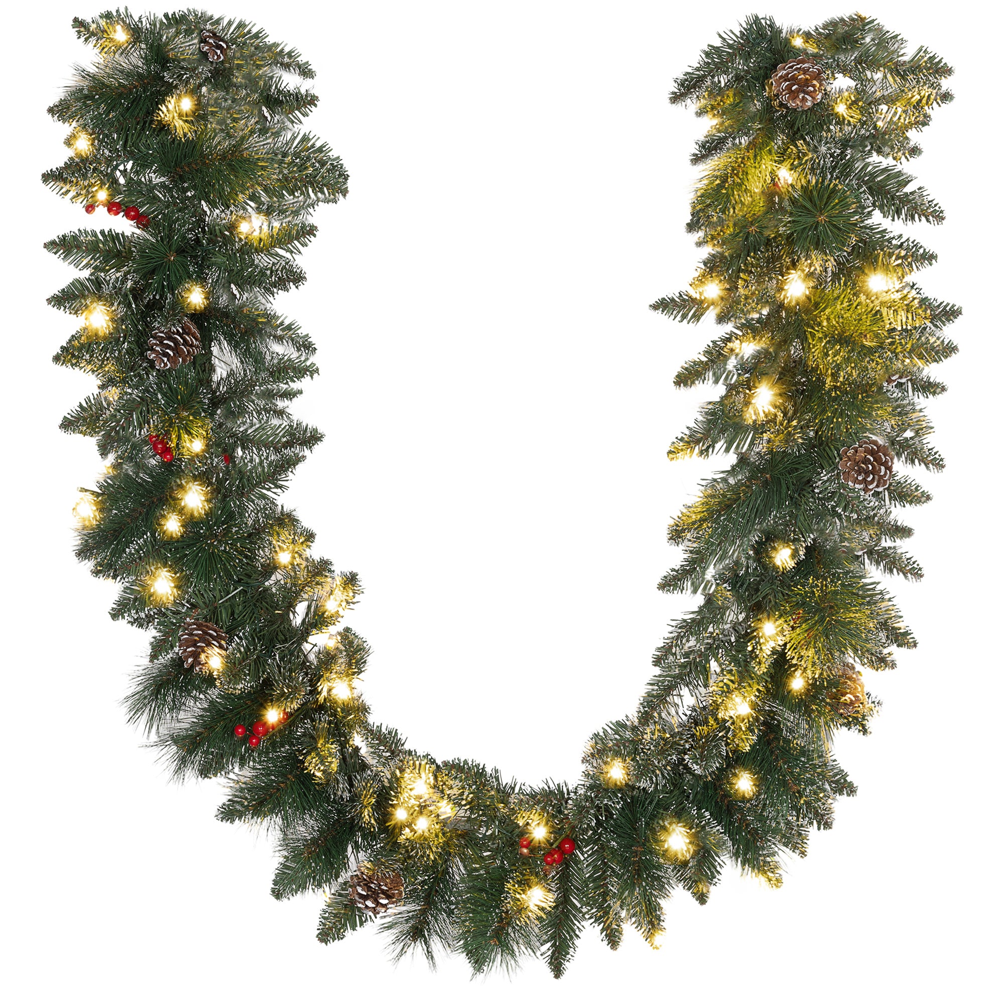 Christmas Garland with 50 White LED Lights and Decorations, in Plastic and Metal, 180x30x30 cm, Green