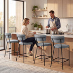 Set of 2 Bar Stools with Backrest and Footrest in Metal and Fabric, Light Grey