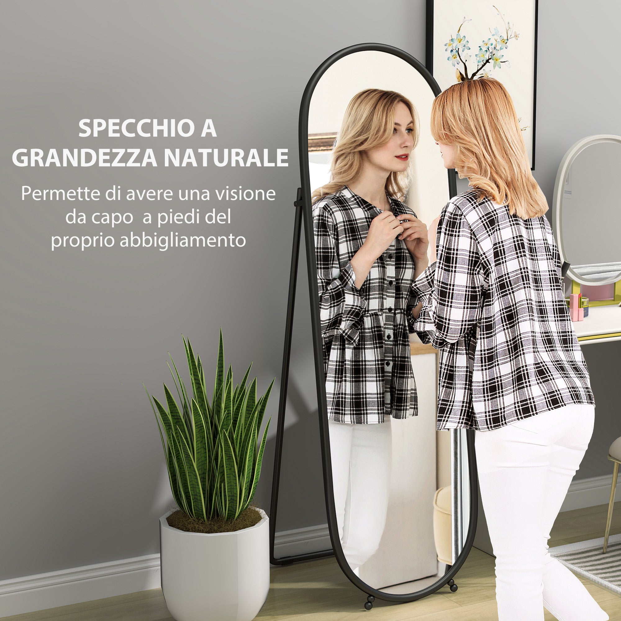 Full-Length Floor Mirror with Folding Stand, in Glass and Metal, 40x41x159 cm, Black