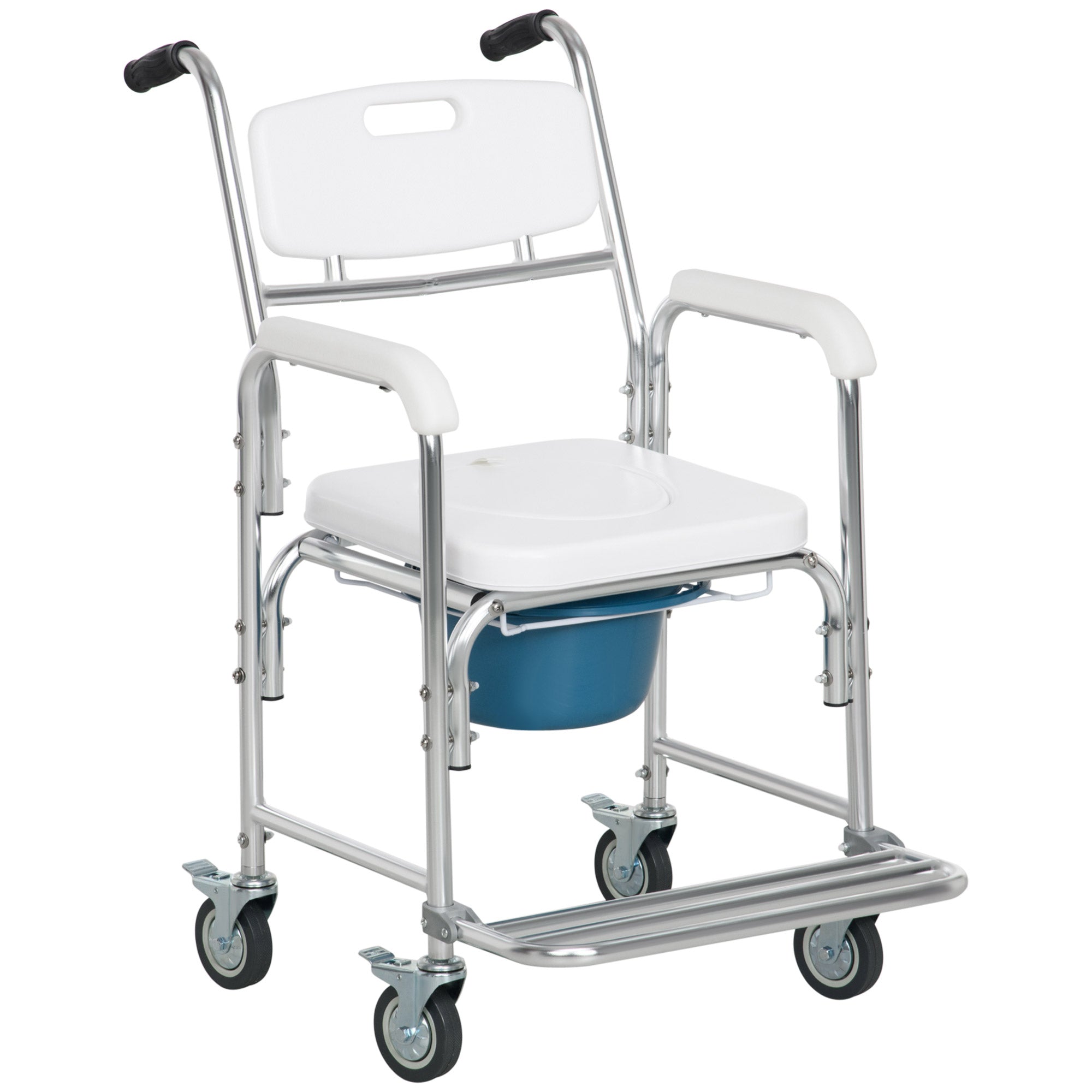 3-in-1 Commode Chair with Wheels for the Elderly, Aluminum Toilet Seat with Removable Bucket, White