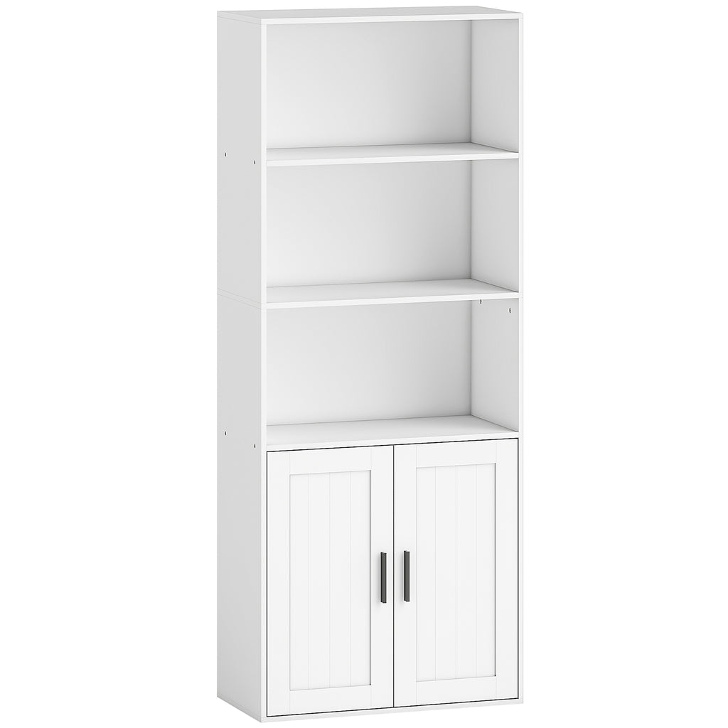 Bookcase with Open Shelves and 2-Door Cabinet with Adjustable Internal Shelf, 60x30x145.5 cm, White