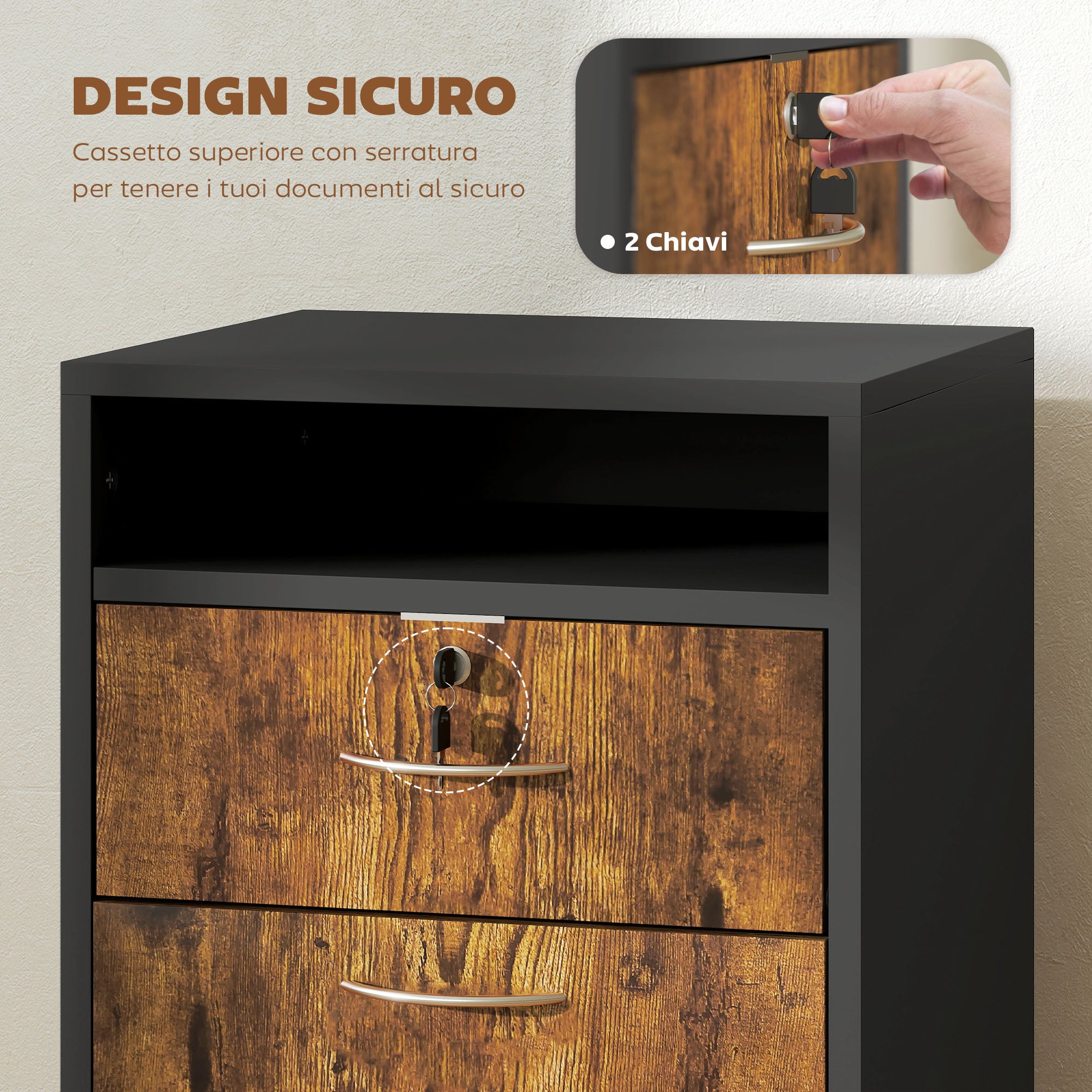 Office Cabinet with Open Shelf, Lockable Drawer and Cabinet, 40x35x60 cm, Brown