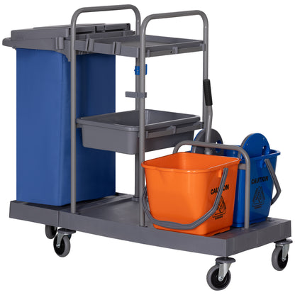 3-Shelf Cleaning Cart with Garbage Bag and Wringer, 111x63.3x103 cm, Gray Blue and Orange