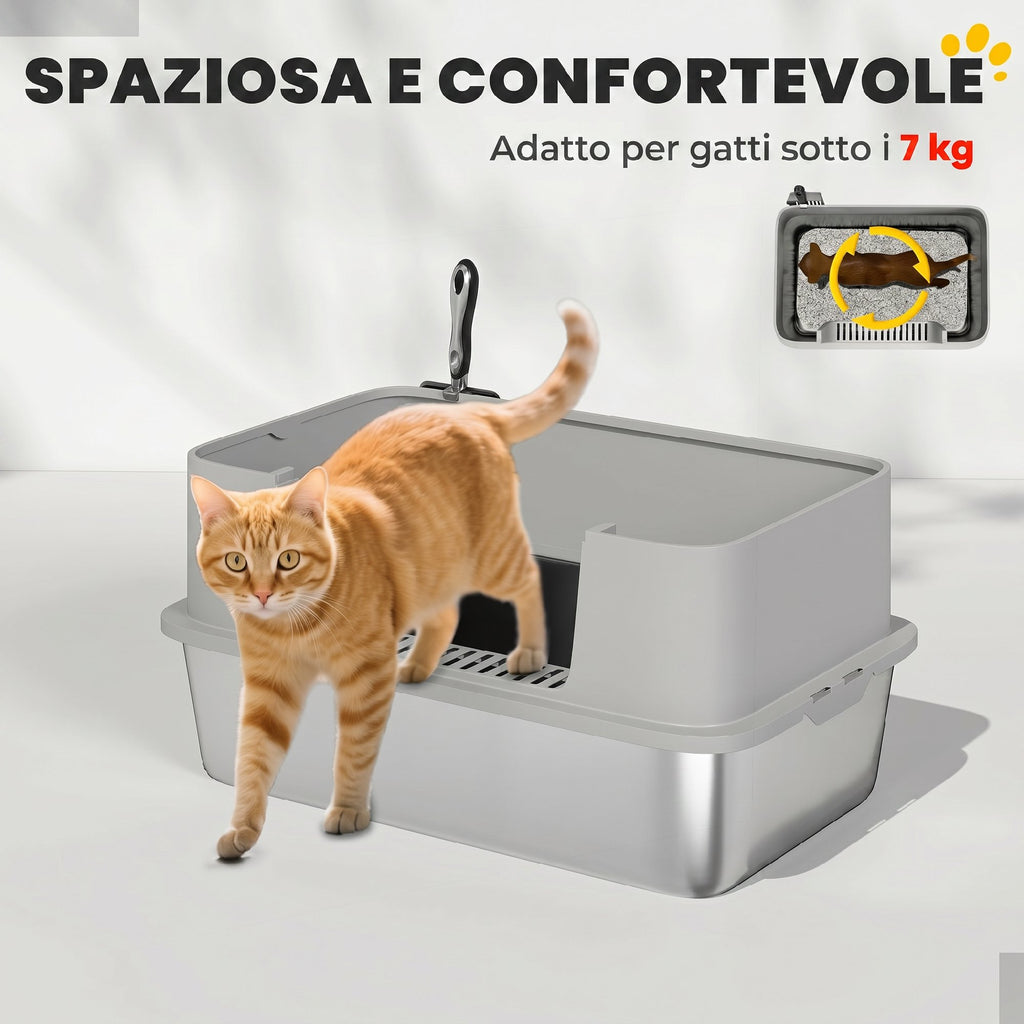 PawHut XL Stainless Steel Cat Litter Box with Scoop, High Sides, Leak-Proof, Odor-Resistant, Up to 7 kg, Grey