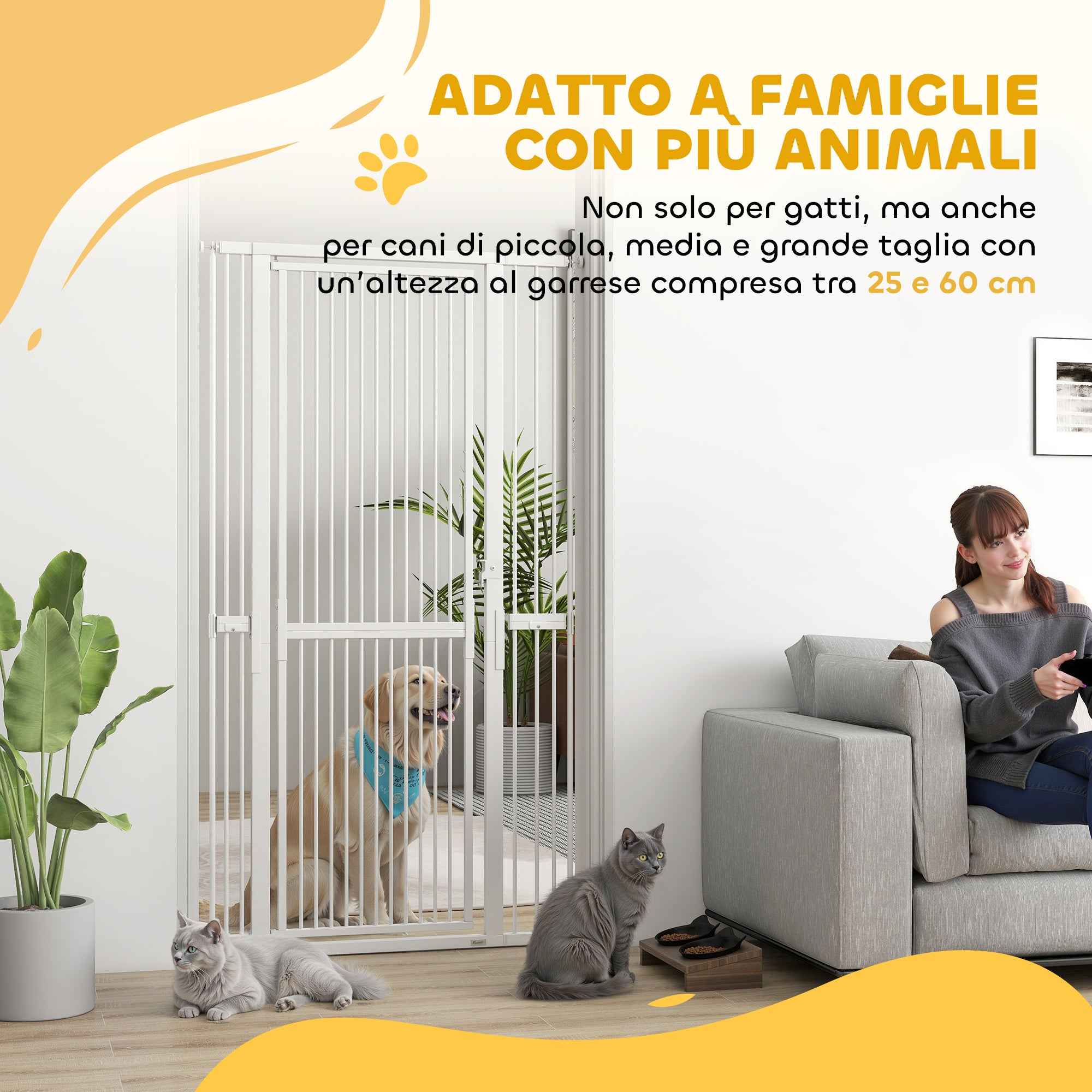 PawHut 180cm High Dog and Cat Gate, Extends from 76-104cm and Push-fits, White