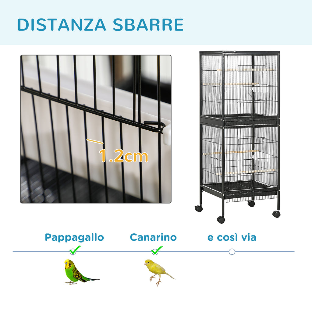 Indoor Bird Aviary Cage with Wheels and Removable Trays, 51.5x50x140 cm, Black