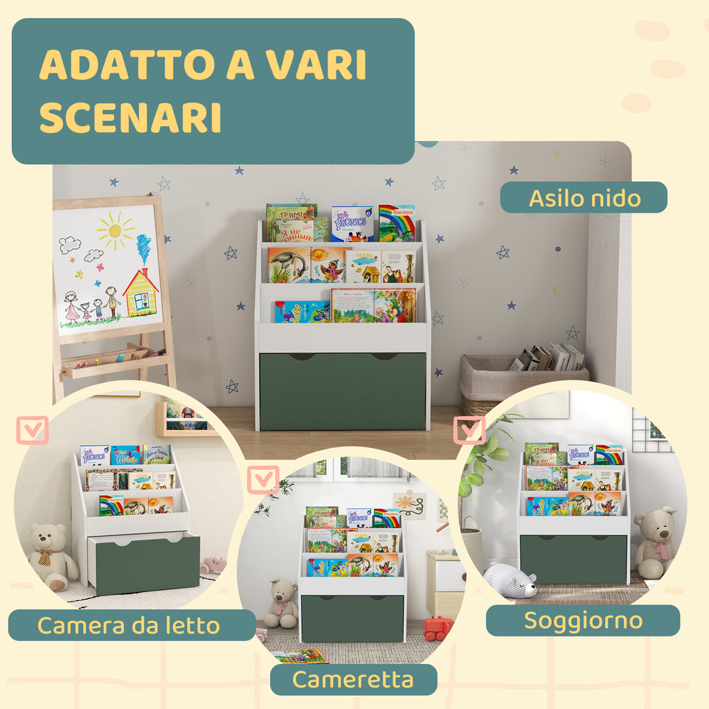 Children's Bookcase for 3-8 Years Old, 3-Tier, with Lower Drawer, MDF, 62.5x30x70 cm, Green