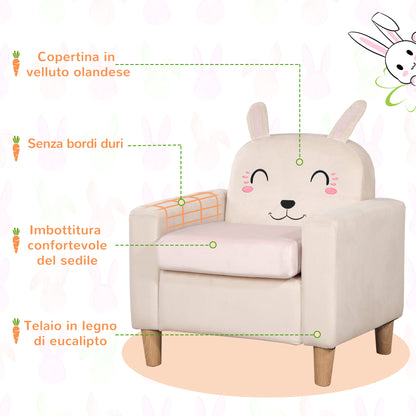 HOMCOM Children's Armchair with Rabbit Design and Wooden Legs, 53x47x54.5 cm, Cream