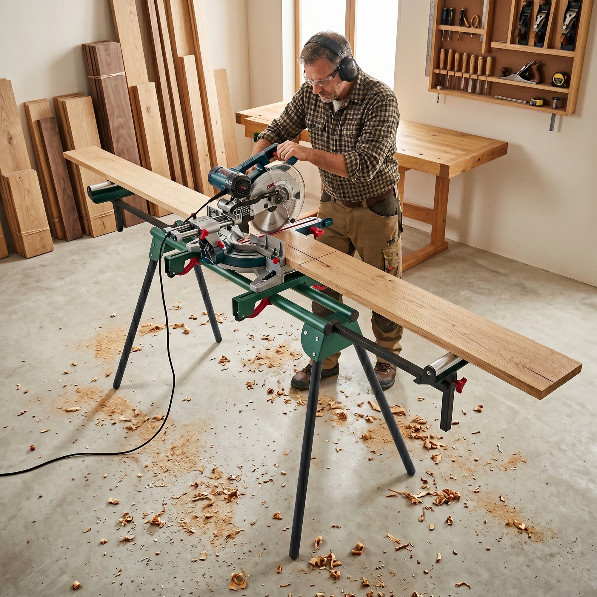 HOMCOM Mitre Saw Stand with Adjustable Arms, Folding Legs, Adjustable Height, 150 kg Capacity, Green