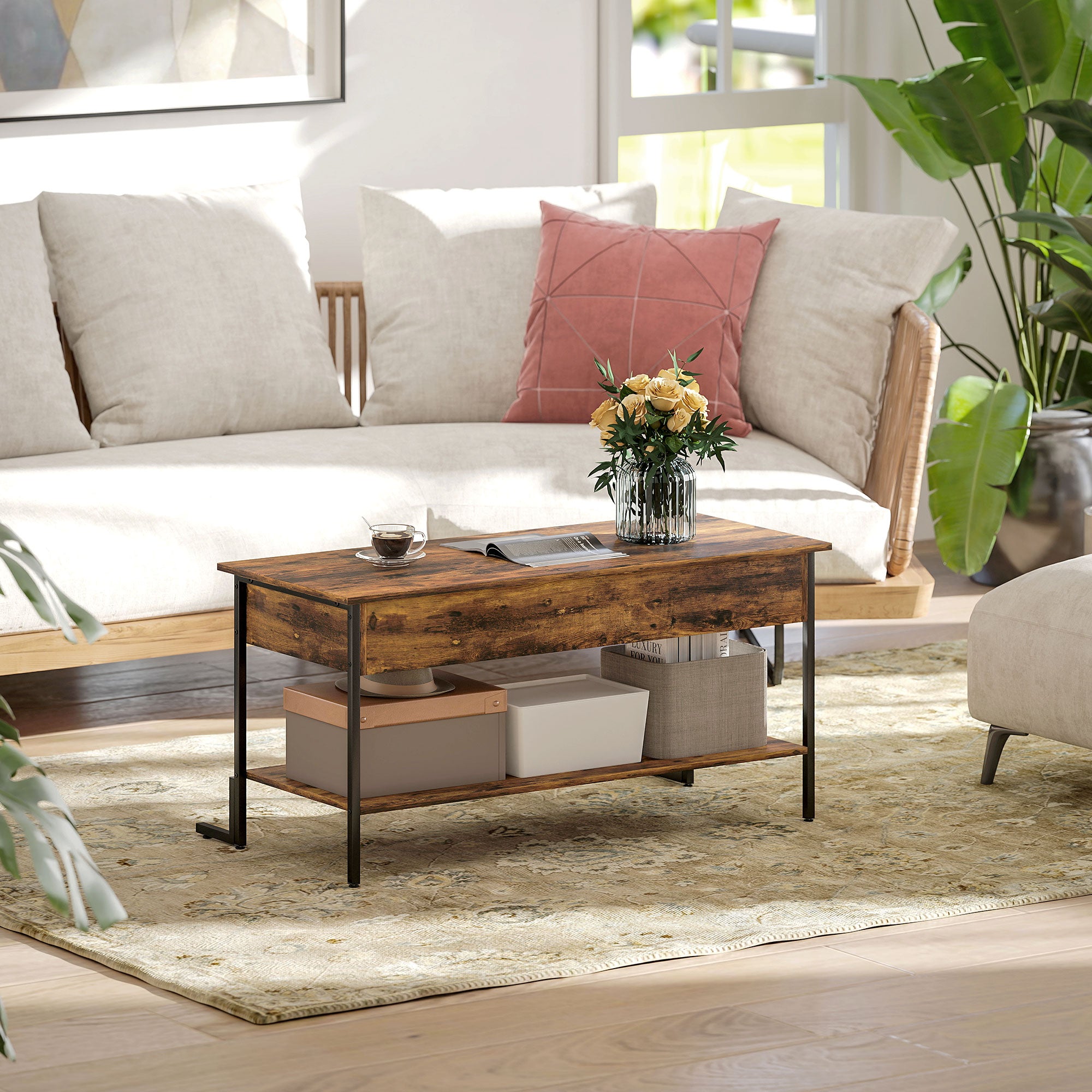 Industrial Style Lift-Up Coffee Table with Hidden Storage and Bottom Shelf, Brown