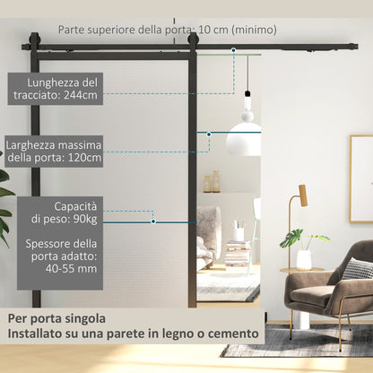 HOMCOM Sliding Door Kit 90kg max Space Saving in Carbon Steel with Accessories 244x0.5x4 cm, Black - Borgè