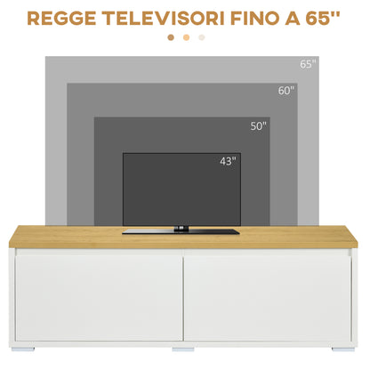 TV Stand up to 65" with Cabinets and Drop-Door in Chipboard, 140x37x45cm, White and Wood Color