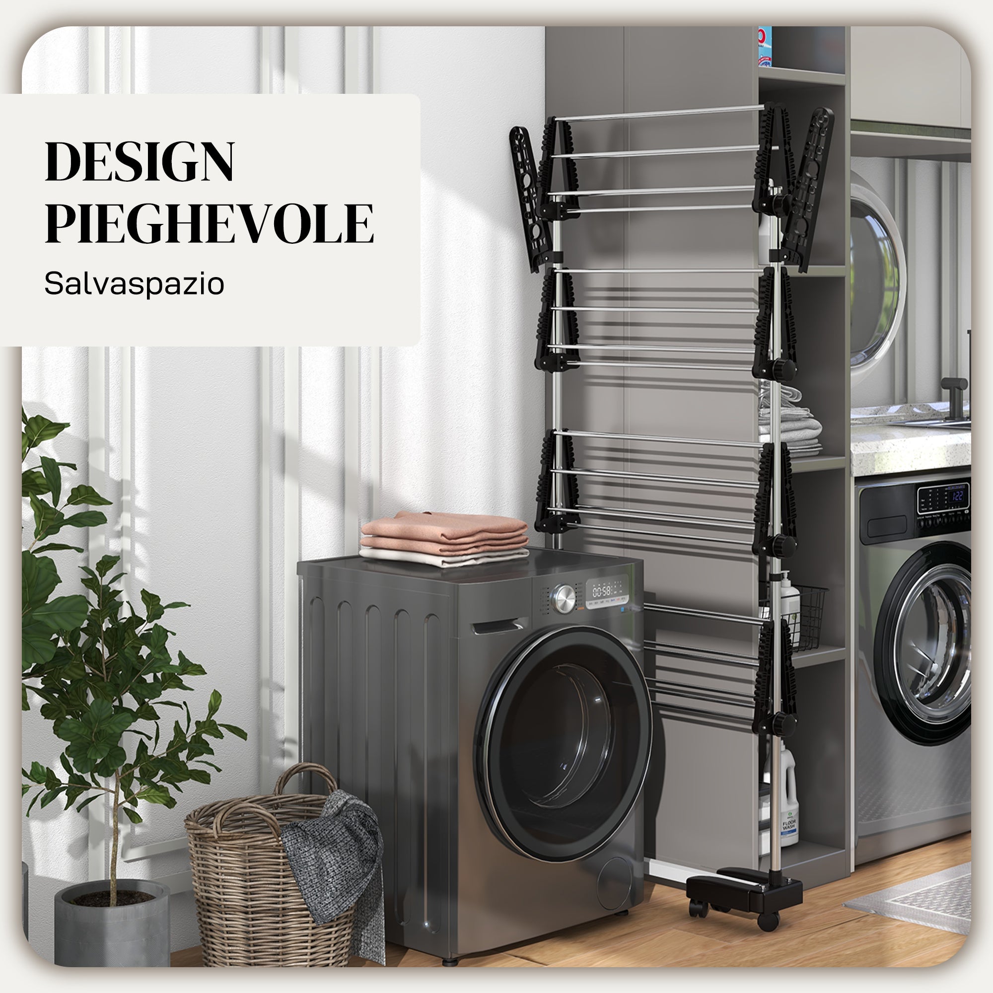 Vertical Clothes Drying Rack with 4 Adjustable Shelves, in Steel and Plastic, 142x55x172 cm, Black and Silver
