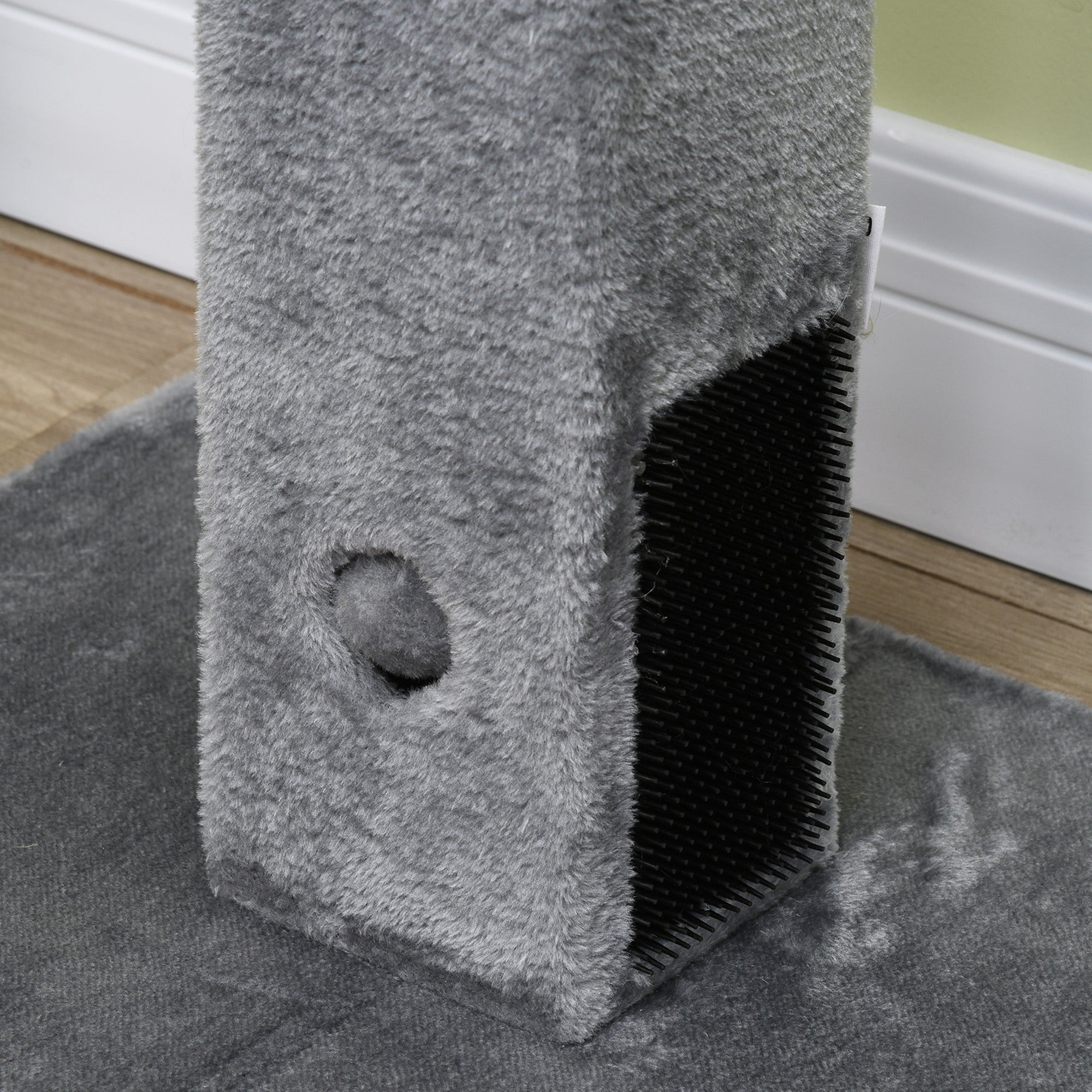 Scratching Post Tree for Cats with 2 Toy Balls and Brush, in Wood, Jute and Plush, 59.5x39x79 cm, Gray