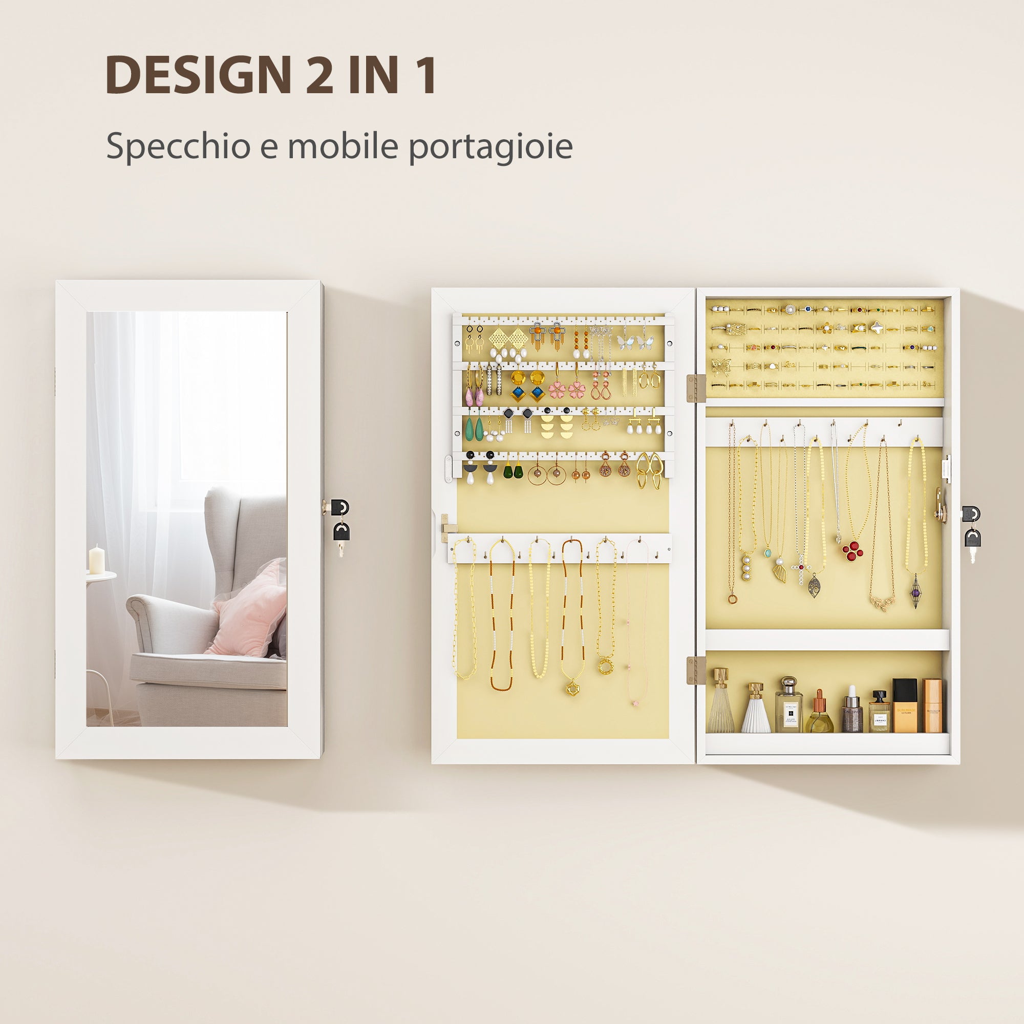 Wall-Mounted Mirrored Jewelry Cabinet with 2 Security Keys, Wooden, 36.5 x 9.5 x 67 cm, White