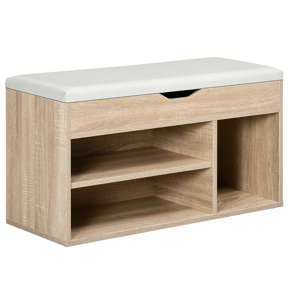 Space-Saving Padded Shoe Rack with 2 Open Shelves and Hidden Space, in Wood and PU Leather, 80x30x45 cm