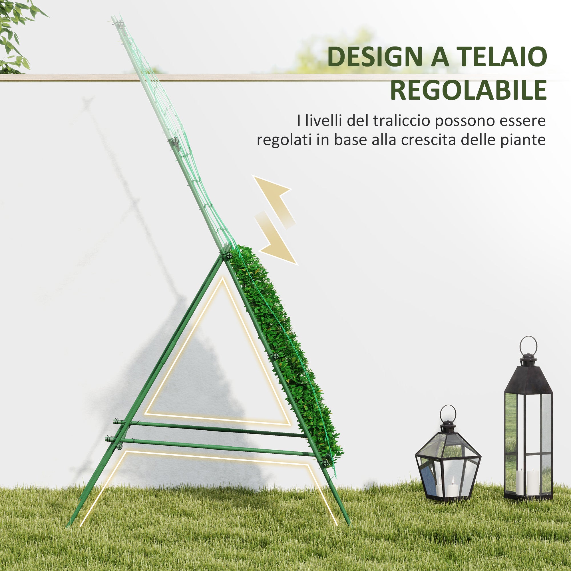 A-shaped Tomato Support with Adjustable Levels with Net, in Steel, PE and PP, 101x133x227 cm, Green