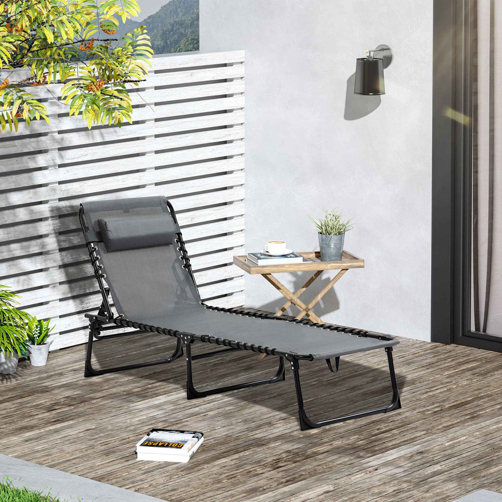Outsunny Folding Garden Lounger with 5-Position Reclining Backrest and Cushion, 185x58x30cm, Grey