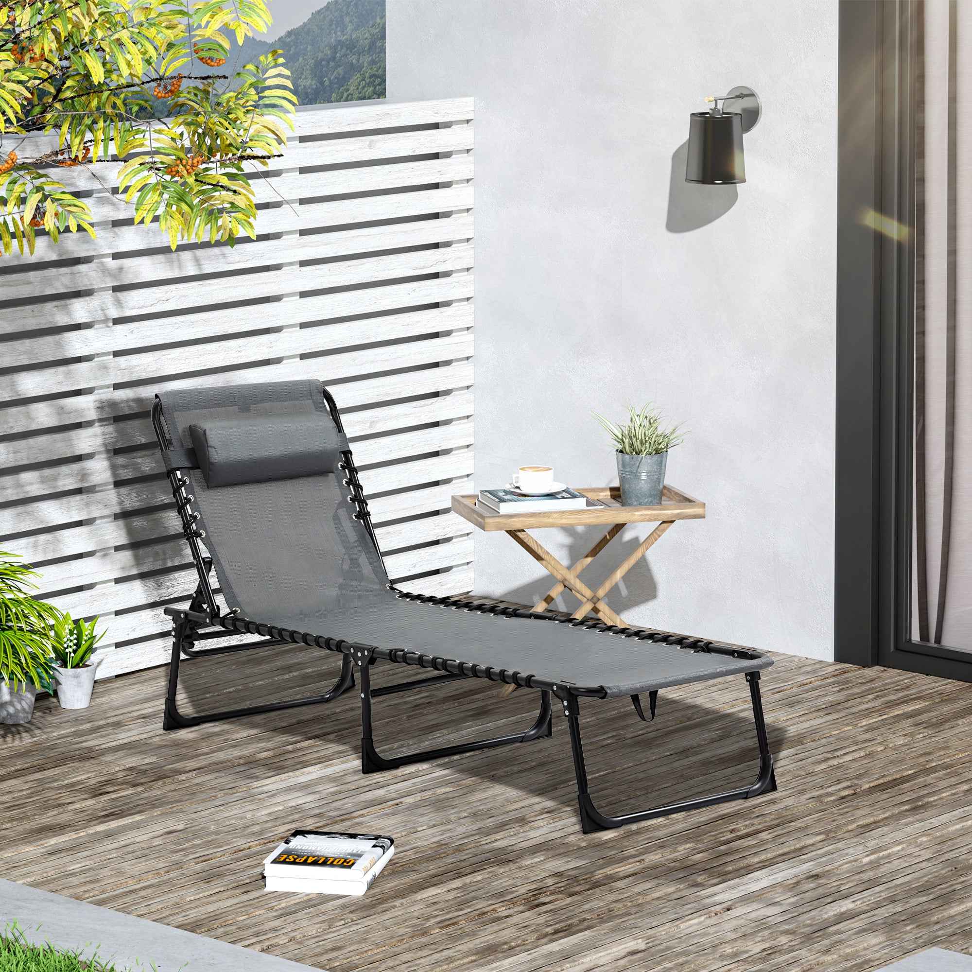 Outsunny Folding Garden Lounger with 5-Position Reclining Backrest and Cushion, 185x58x30cm, Grey
